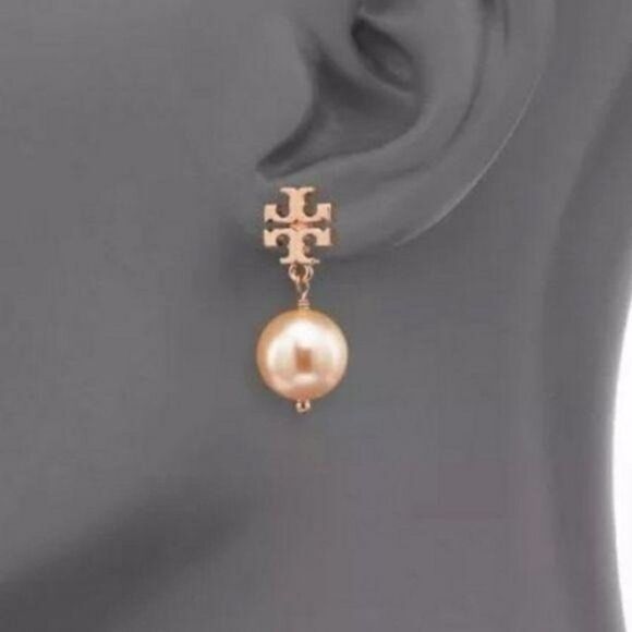 Tory Burch Logo Pearl Drop Rose Gold Tone Earrings - Picture 2 of 8